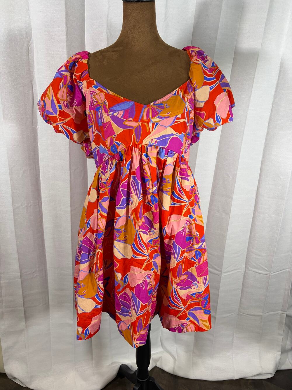 AQUA Floral Puff Sleeve Cotton Mini Dress Large Orange Pink Smocked Back